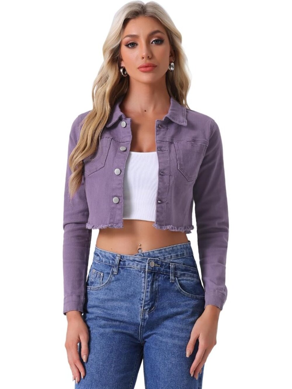 Women's Dark Purple Cropped Frayed Hem Turndown Collar Button Up Denim Jacket